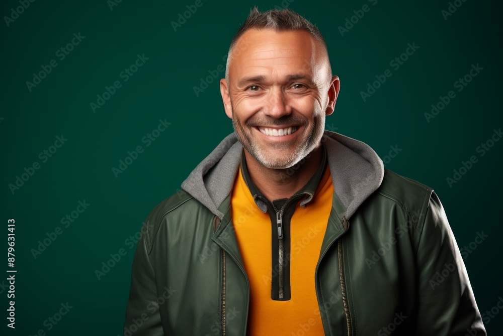 Portrait of a happy man in his 40s sporting a stylish varsity jacket while standing against solid color backdrop Portrait of a happy man in his 40s sporting a stylish varsity jacket while standing against solid color backdrop