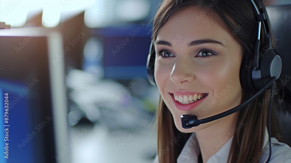 A friendly call center operator, smiling and engaged in a conversation A friendly call center operator, smiling and engaged in a conversation