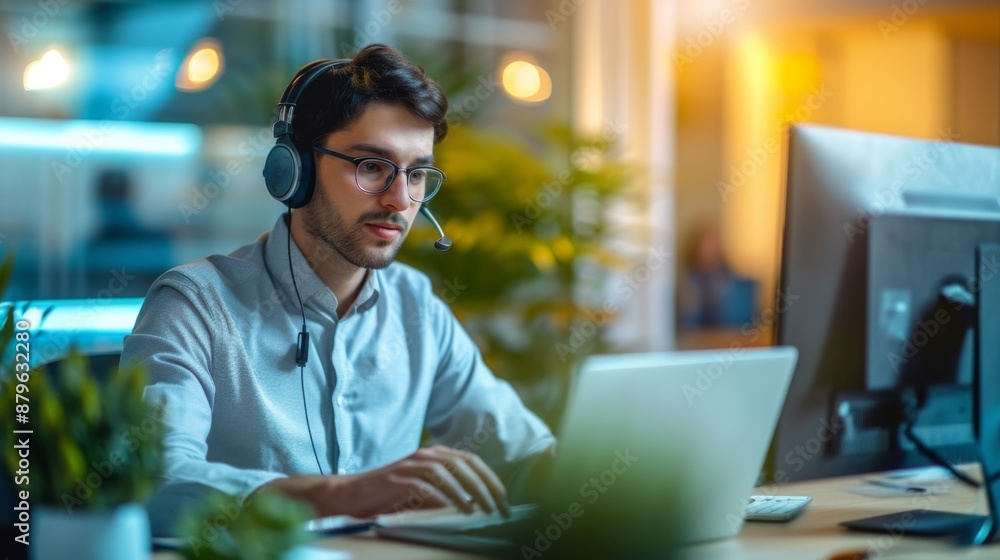 A call center operator working on a laptop A call center operator working on a laptop