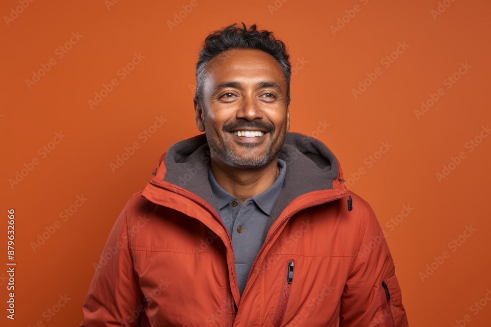 Portrait of a cheerful indian man in his 40s donning a durable down jacket in front of solid color backdrop Portrait of a cheerful indian man in his 40s donning a durable down jacket in front of solid color backdrop
