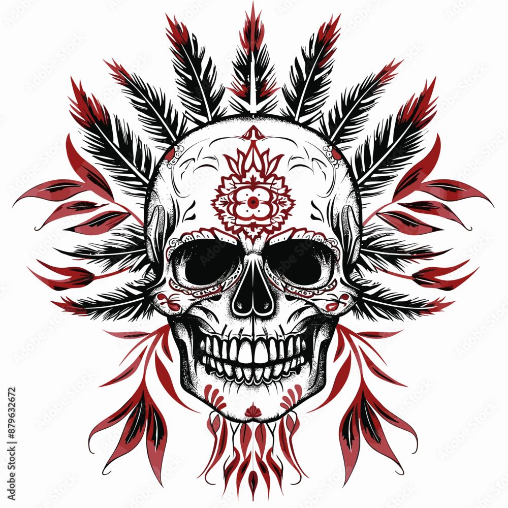 A skull with feathers and flowers on it. The skull is surrounded by a red and black design A skull with feathers and flowers on it. The skull is surrounded by a red and black design
