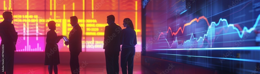 Business professionals discussing in front of a digital screen displaying stock market charts and financial data in an office setting. Business professionals discussing in front of a digital screen displaying stock market charts and financial data in an office setting.