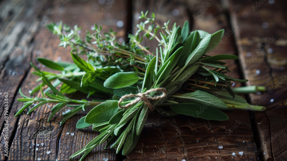 Obraz premium Fresh bundle of mixed herbs including rosemary, sage, and thyme on rustic wooden table