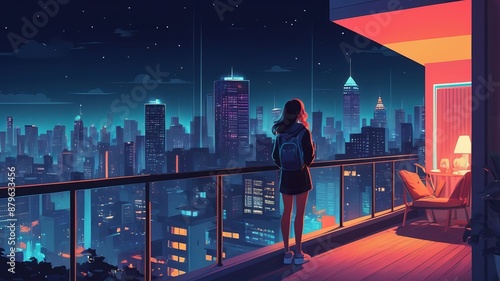 Lofi standing at balcony looking at city night lights, bedroom with neon accents, Generative AI	
 photo