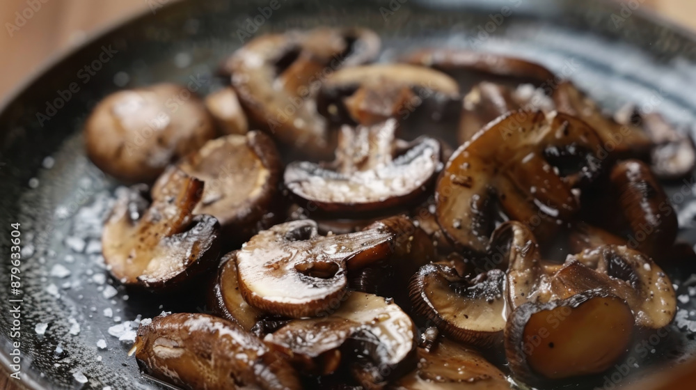 Sautéed mushrooms with sea salt flakes on a black plate, close-up view Sautéed mushrooms with sea salt flakes on a black plate, close-up view