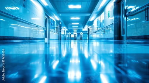 Defocused blurred technology space background in a shopping mall or business corridor. Modern laboratory in a medical corridor. © Bundi
