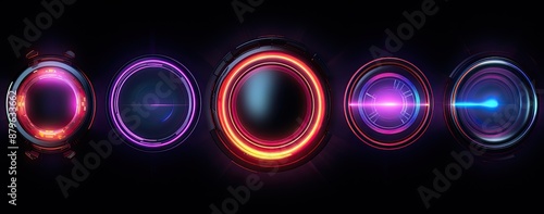 Abstract Neon Circles Futuristic Technology Background.