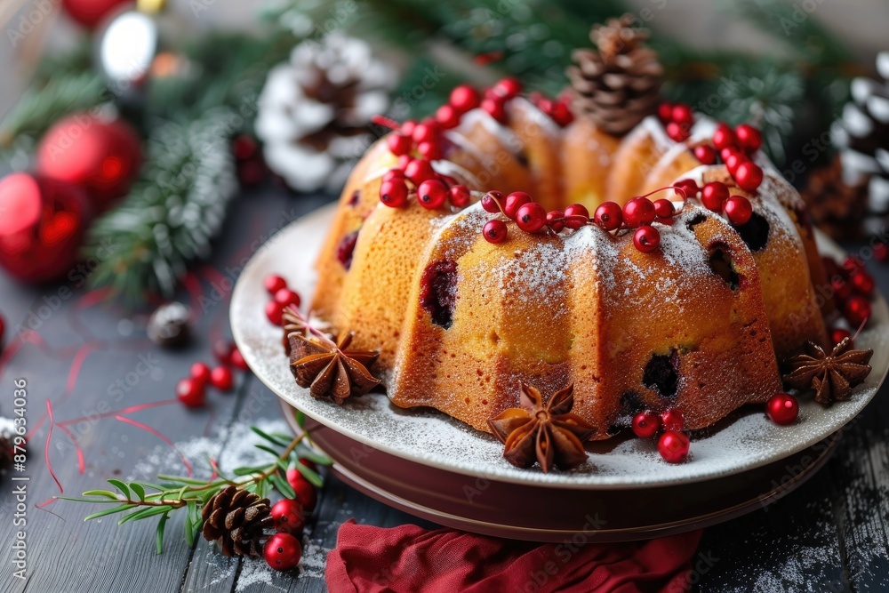 Festive Holiday Bundt Cake Decoration with Berries and Christmas Ornaments Festive Holiday Bundt Cake Decoration with Berries and Christmas Ornaments