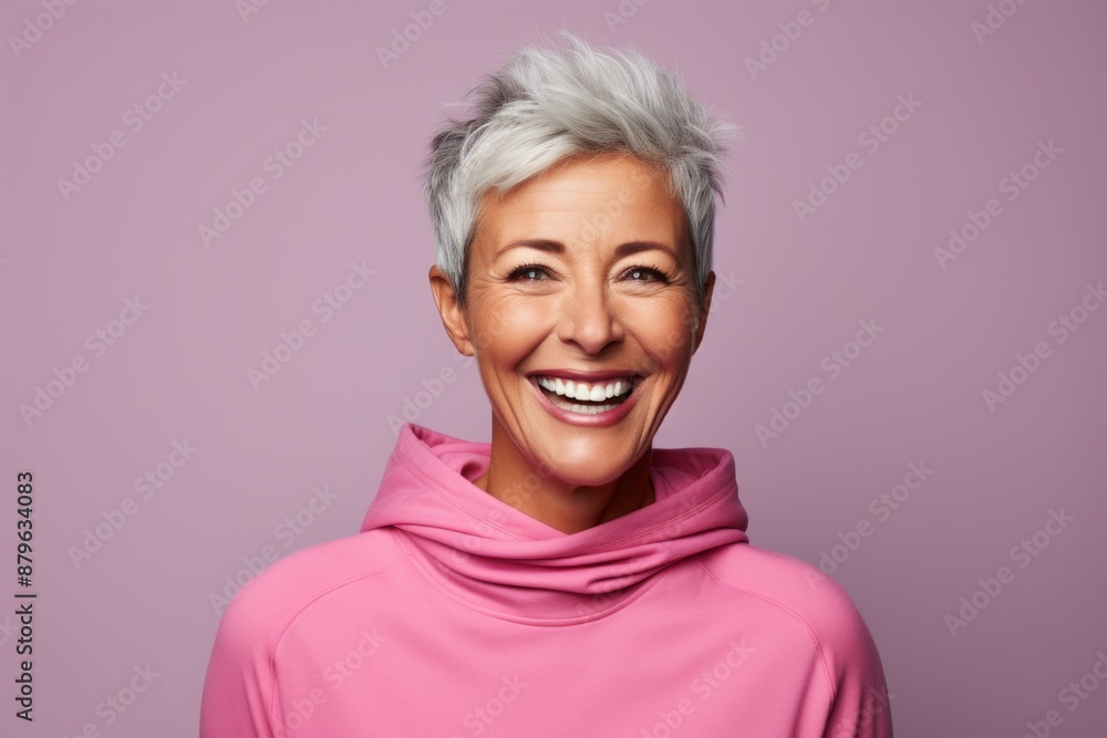 Portrait of a cheerful woman in her 50s wearing a thermal fleece pullover on solid color backdrop Portrait of a cheerful woman in her 50s wearing a thermal fleece pullover on solid color backdrop