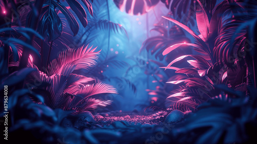 Glowing Tropical Foliage in Neon Pink and Blue Fantasy Jungle