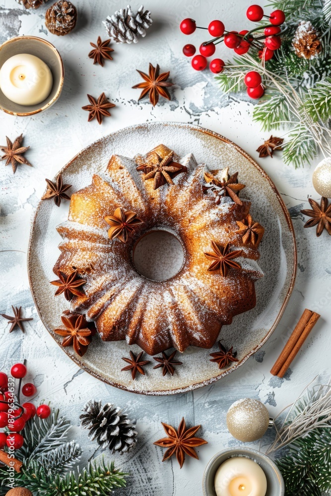 Festive Holiday Bundt Cake with Red Berries and Pine Cones on Wooden Table Festive Holiday Bundt Cake with Red Berries and Pine Cones on Wooden Table