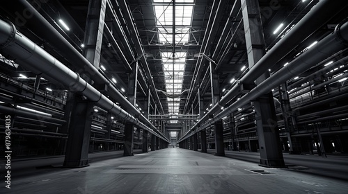 Industrial interior with symmetrical pipes and lights