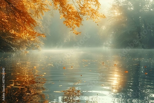 a body of water surrounded by trees and leaves. photo