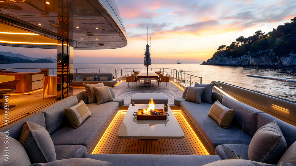 Fototapeta premium Le pont d'un yacht au coucher du soleil.