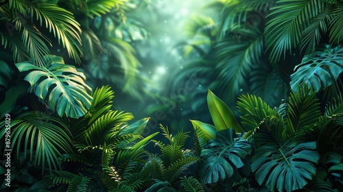 Green Haven Background. This illustration captures a lush tropical scene with a variety of leaves like palm, monstera, and banana. The dense foliage, set against a gradient green background. © BlockAI