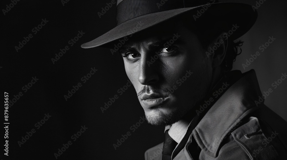 Mysterious Man in Fedora and Trench Coat in Black and White Mysterious Man in Fedora and Trench Coat in Black and White