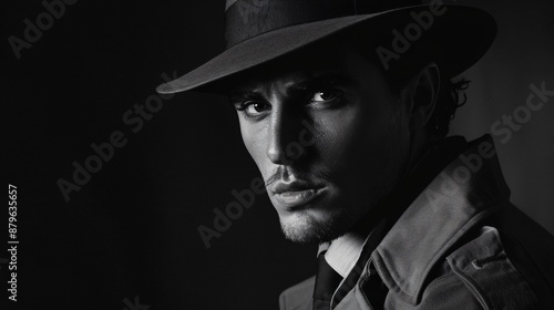 Mysterious Man in Fedora and Trench Coat in Black and White