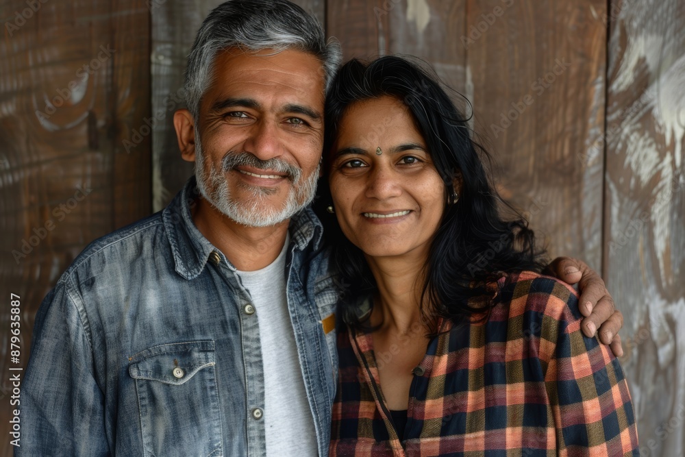 Portrait of a content indian couple in their 50s wearing a comfy flannel shirt on rustic wooden wall Portrait of a content indian couple in their 50s wearing a comfy flannel shirt on rustic wooden wall