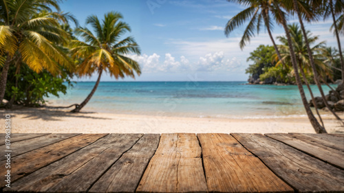 background Image of wooden table in front of tropical beach. Ready for product display. banner © tomertu