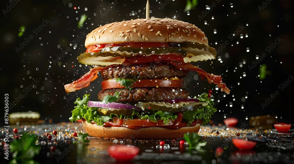 Gourmet Double Cheeseburger with Bacon and Fresh Vegetables Gourmet Double Cheeseburger with Bacon and Fresh Vegetables