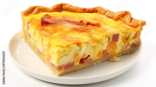Bacon and egg pie from Australia with a white background