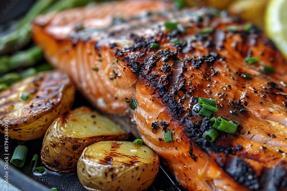 Scrumptious grilled salmon fillet with roasted potatoes and scallions Scrumptious grilled salmon fillet with roasted potatoes and scallions