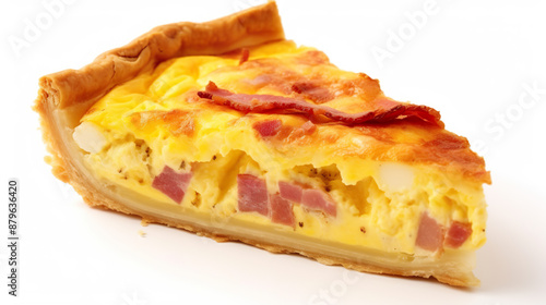Bacon and egg pie from Australia with a white background