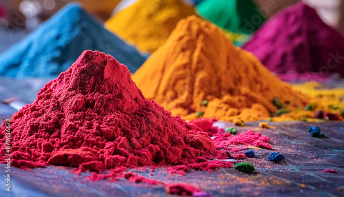 Bright pigment powders scattered on a surface. Multicolored powder paints mix. Close-up. photo