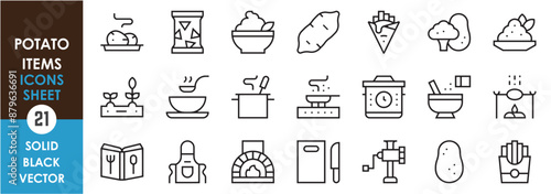 A set of line icons related to potato items. Potato recipe, baked, fried, French, cooking, chef, pot, soup, vegetable, chopping, and so on. Vector outline icons set.