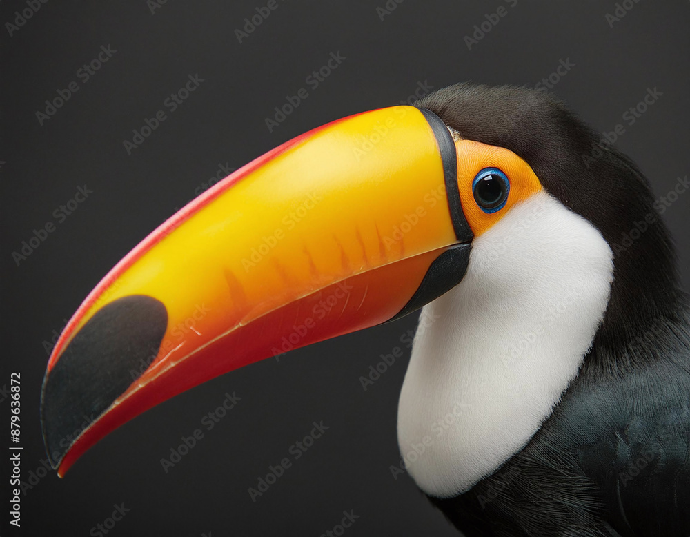 Fototapeta premium A vibrant toucan with a colorful beak against a grey backdrop