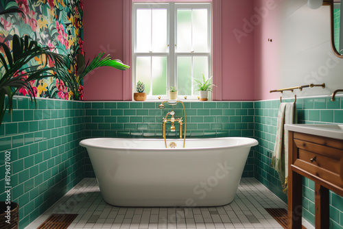 Bathroom with bold, multicolored wallpaper and eclectic decor, colorful bathroom, whimsical style