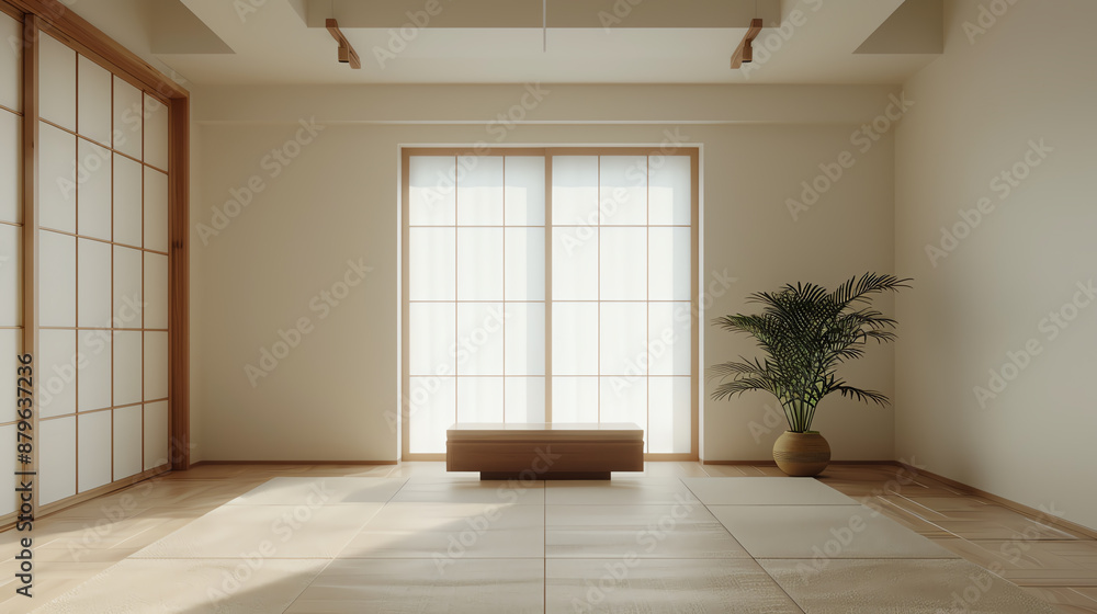 Obraz premium Japanese living room with a tansu chest, tatami mats, and minimalist decor, traditional Japanese, clean and simple
