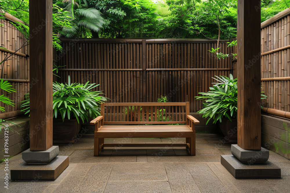Japanese garden patio with a wooden bench, bamboo fencing, and stone pathways, traditional Japanese, outdoor relaxation Japanese garden patio with a wooden bench, bamboo fencing, and stone pathways, traditional Japanese, outdoor relaxation