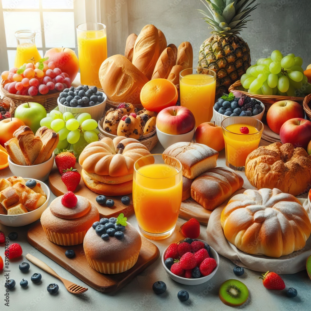 breads and desserts are arranged around a table with a glass of healthy juice near the window breads and desserts are arranged around a table with a glass of healthy juice near the window