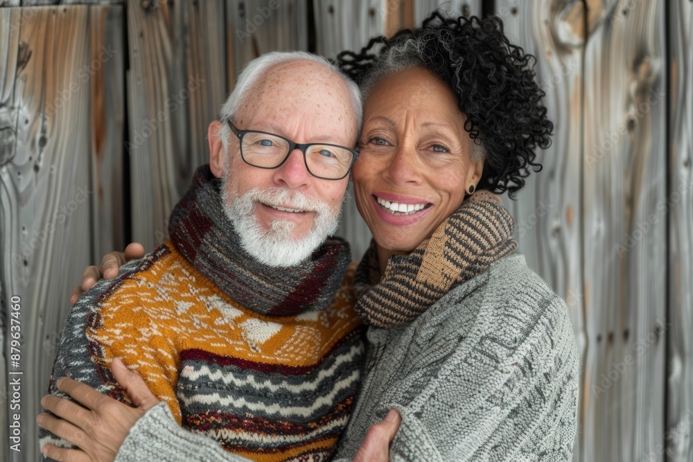 Portrait of a cheerful multiethnic couple in their 70s wearing a cozy sweater isolated on rustic wooden wall Portrait of a cheerful multiethnic couple in their 70s wearing a cozy sweater isolated on rustic wooden wall