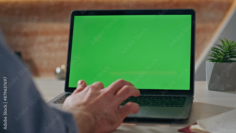 Manager hands scrolling mockup laptop computer touchpad at office desk closeup Manager hands scrolling mockup laptop computer touchpad at office desk closeup