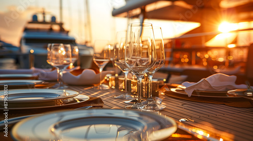 Un dîner sur un yacht sur une table en extérieur avec des verres à vin et des assiettes. photo