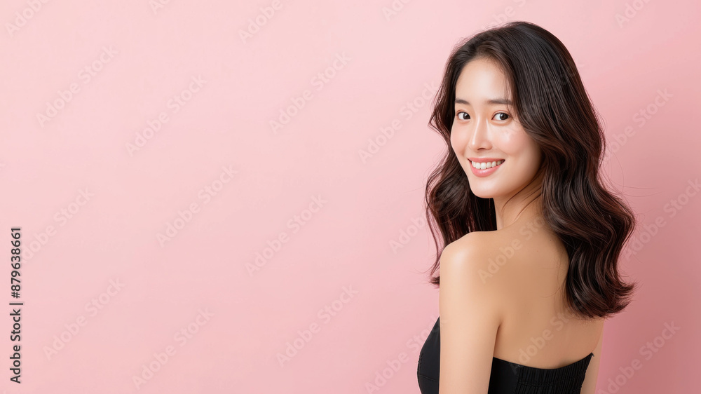 Korean fashionable woman in black sundress happy lifestyle isolated Korean fashionable woman in black sundress happy lifestyle isolated