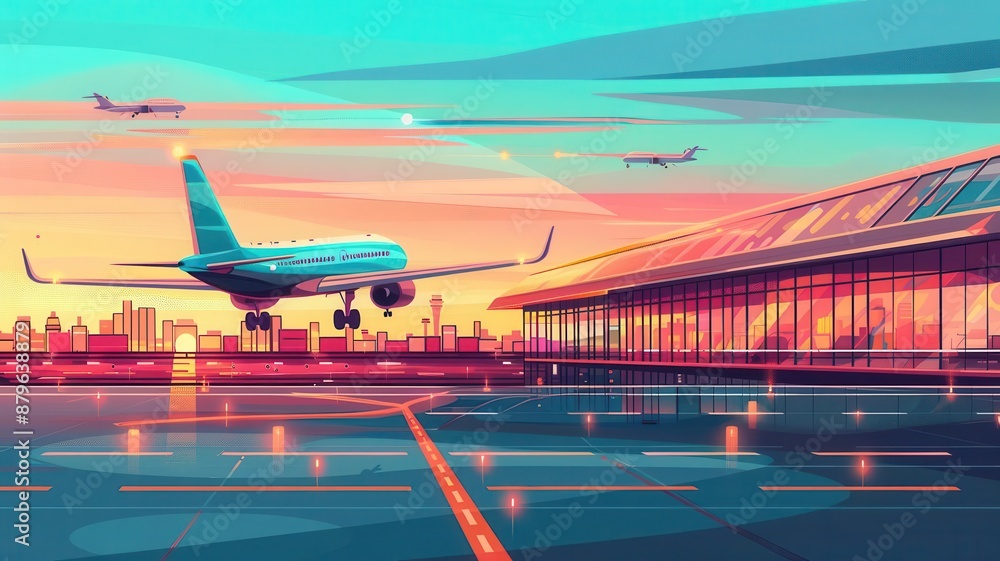 Fototapeta premium Airport terminal, airplanes taking off and landing, flat design illustration