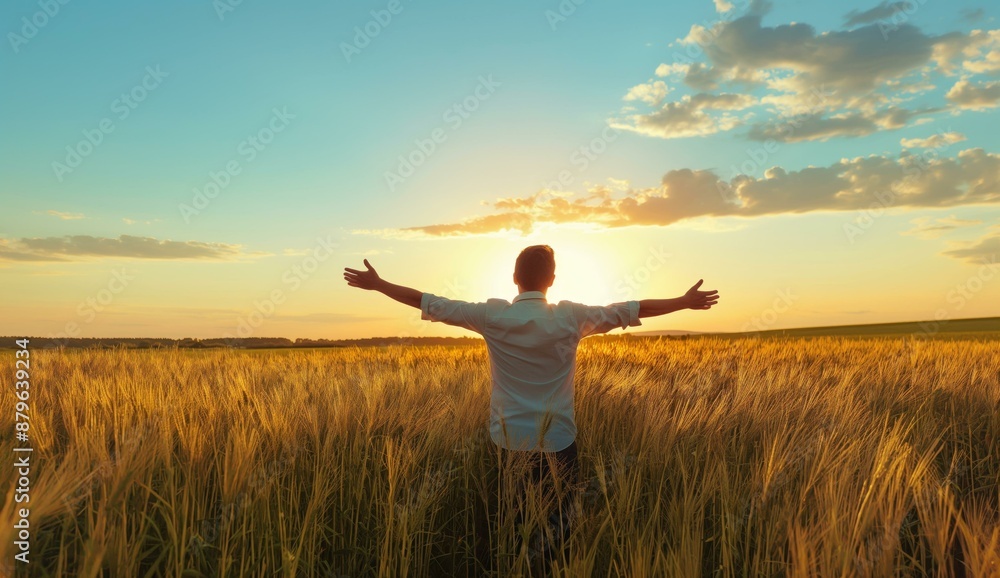 A person standing in a wheat field at sunset with arms outstretched, embracing the warm, golden light of the evening.