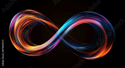 A vibrant display of colorful, glowing light trails forming an abstract circular pattern on a dark background.