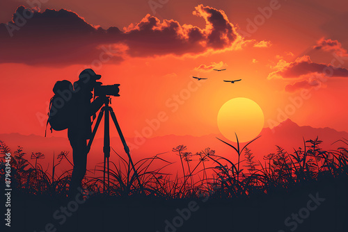 Silhouette photographer with sunset background