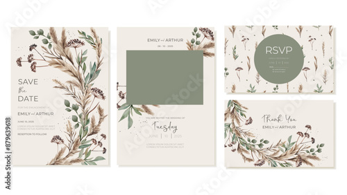 Rustic Style Wedding Invitations With Thank You Cards. Hand-painted Watercolor Dry Grasses, Cereals, Green Leaves. Vector