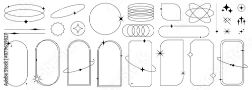 Trendy line elements collection. Minimalist frames and borders with sparkles. Arch frame with stars for social media or poster design, simple decorative boho style border vector set.