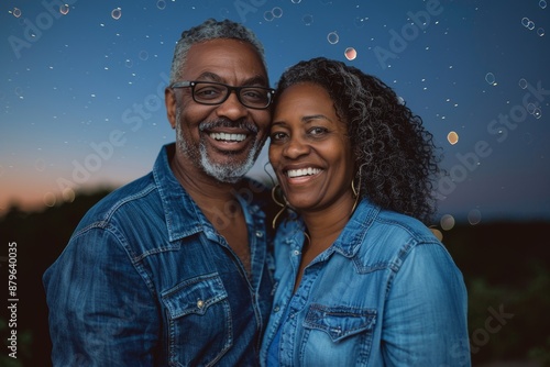 Portrait of a grinning multicultural couple in their 40s sporting a versatile denim shirt isolated in sparkling night sky