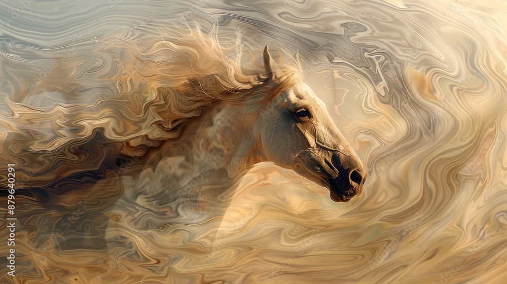 Graceful Horse Face Illustrated with Flowing Lines in a Swirling Abstract Desert Setting Graceful Horse Face Illustrated with Flowing Lines in a Swirling Abstract Desert Setting