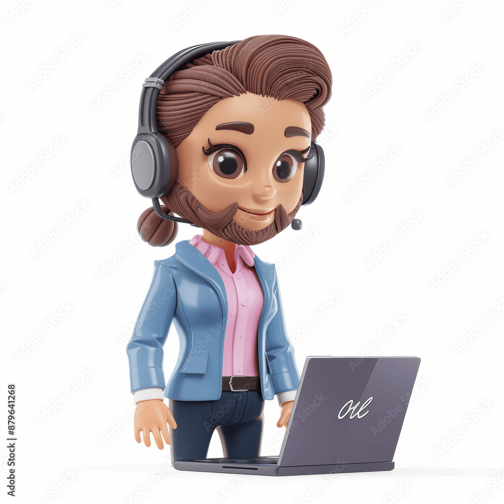 3D Cartoon Character Service Man in Blue Suit with Headset Working on Laptop 3D Cartoon Character Service Man in Blue Suit with Headset Working on Laptop