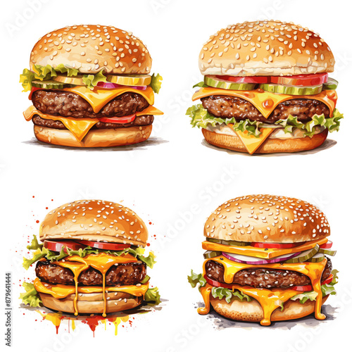 A series of four hamburgers with different toppings