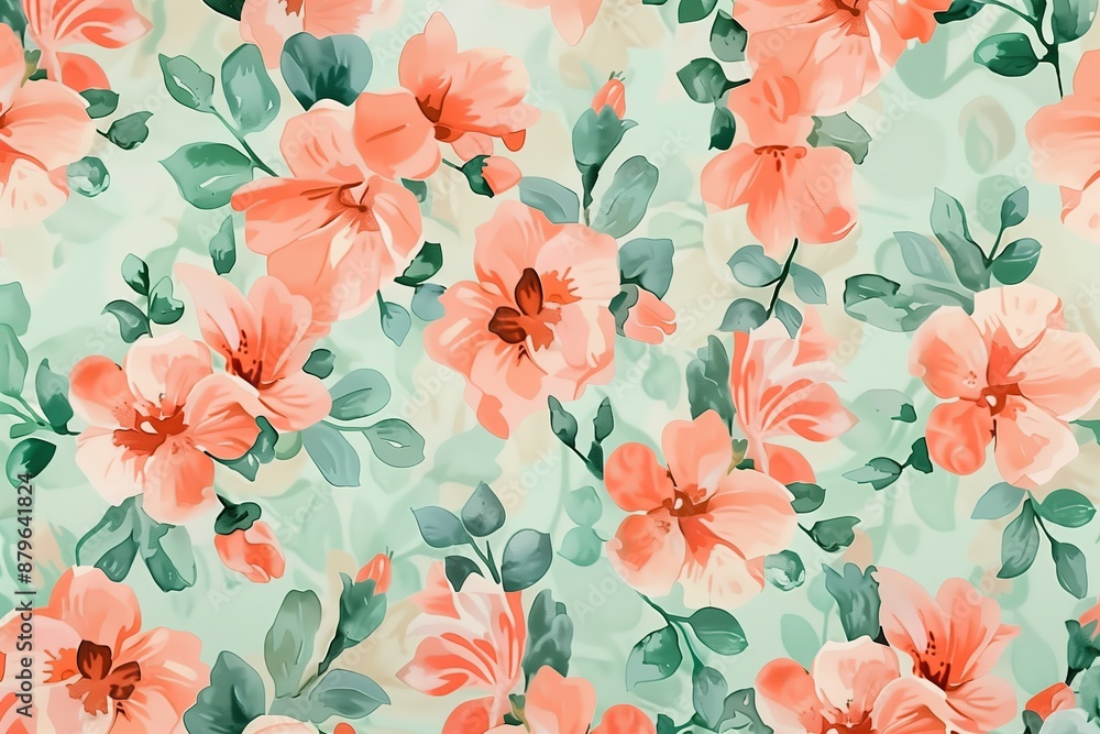 Natural Freshness. Soft Coral and Mint Green Freesia Pattern. Seamless Pattern with Flowers and Leaves. Hand Drawn Background. Floral Pattern for Wallpaper or Fabric Natural Freshness. Soft Coral and Mint Green Freesia Pattern. Seamless Pattern with Flowers and Leaves. Hand Drawn Background. Floral Pattern for Wallpaper or Fabric
