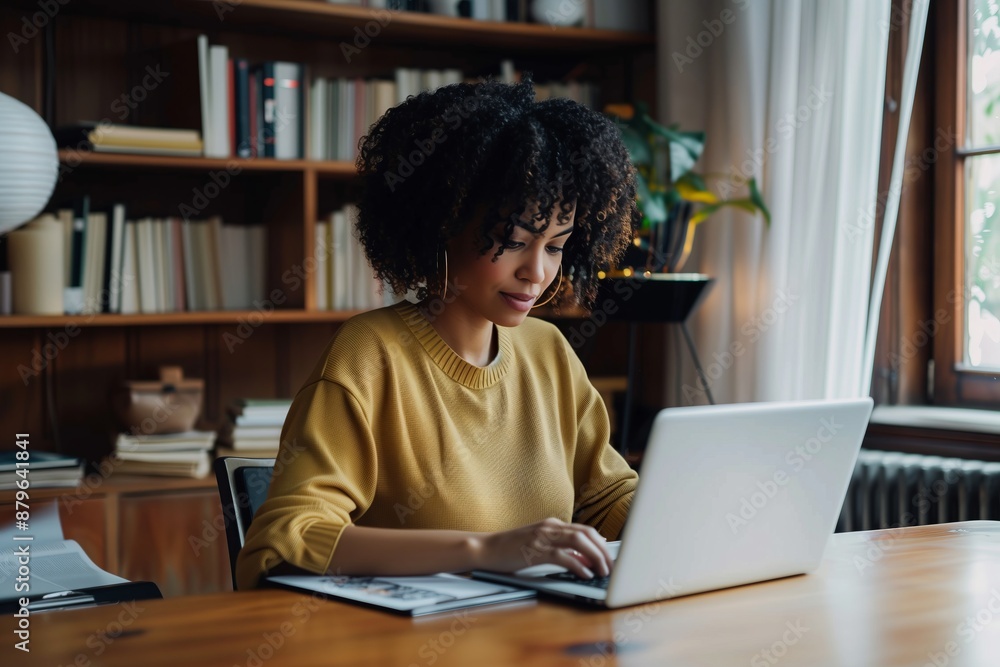 Naklejka premium A woman is sitting at a desk with a laptop open in front of her. She is wearing a yellow sweater and she is focused on her work. The room is filled with books
